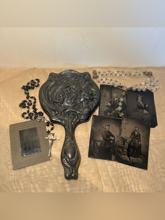 Other - Vintage hand mirror, tin type photos, and rosaries